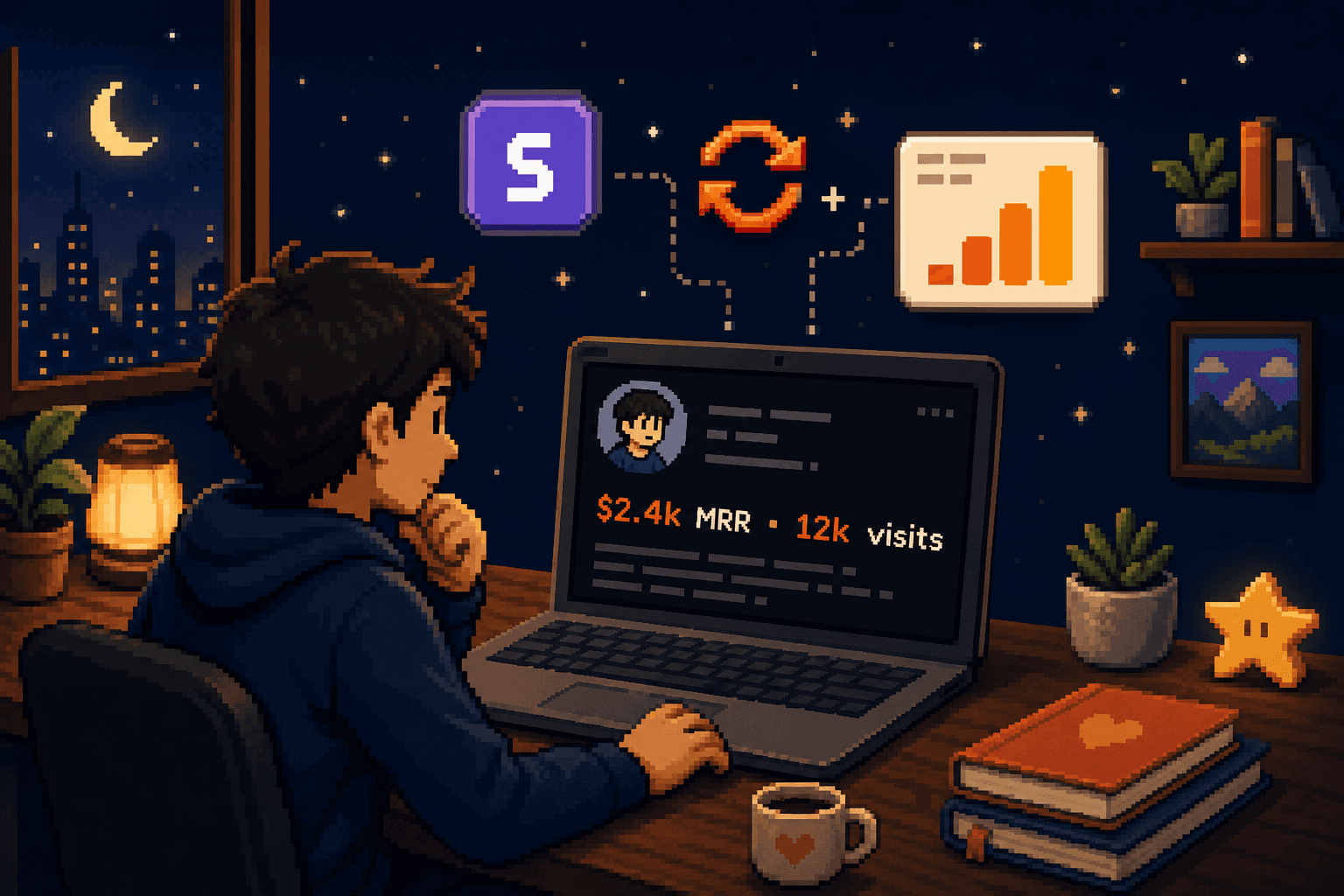 Pixel art — builder syncing live metrics to their X bio