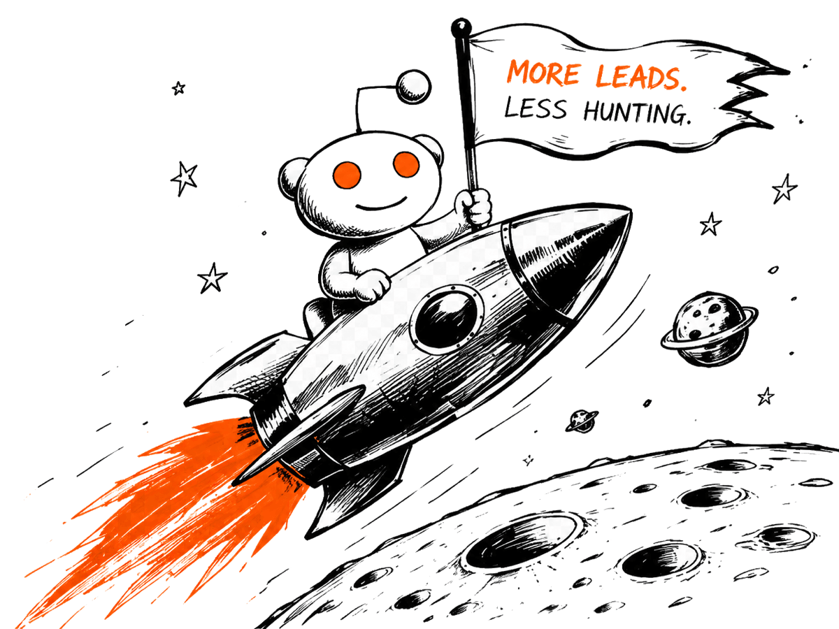 Illustration of the Reddit mascot launching on a rocket over the moon