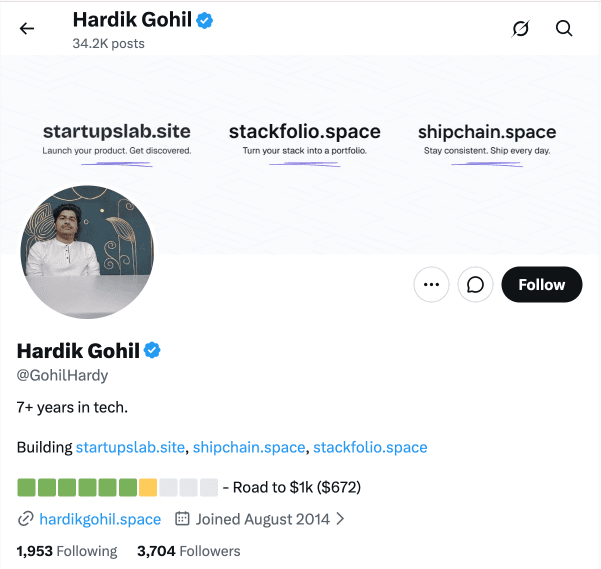 X profile showing live stats in bio
