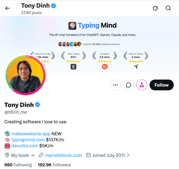 X profile showing live stats in bio
